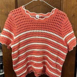 GAP Coral and White Crocheted Top